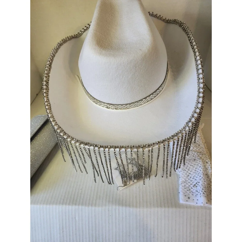 Womens Rhinestone-Cowgirl Hat Wide Medium-Large, White Purse-earrings & Sleeves